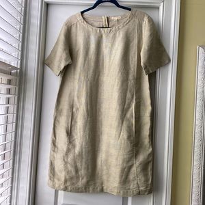 Eileen Fisher linen dress, short sleeve, beige with subtle shimmer, xs